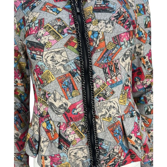 RARE/HTF Comic Print Y Apparel USA puff shoulder Zip Up Peplum Cardigan Sz Md - Picture 4 of 15